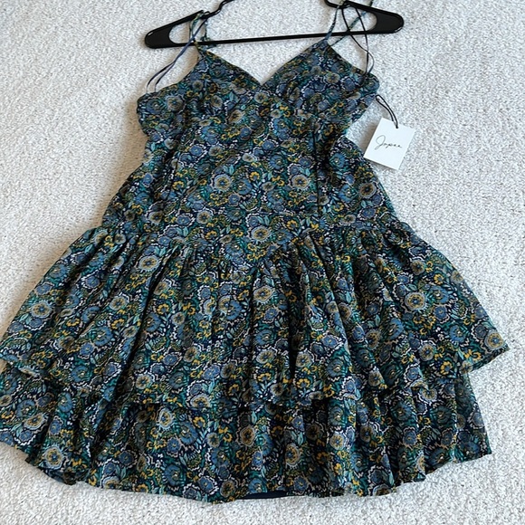 JAPNA Blue Floral Drop Waist Ruffle Hem Mini Sleeveless Boho Dress Sz Small - Picture 9 of 9